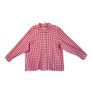 DENIM & CO XL Tunic Blouse Button Up Gingham Pink White Textured Cotton 50"